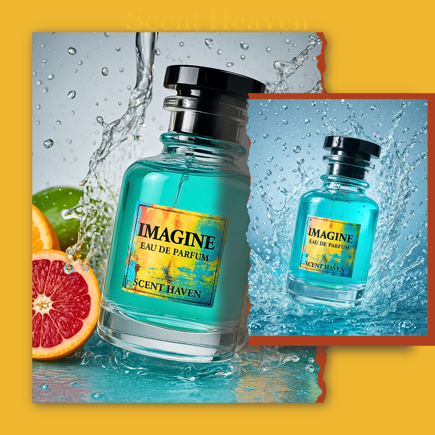 Premium #Imagine fragrance bottle reflecting fresh, bold character with vibrant citrus and dry woods background