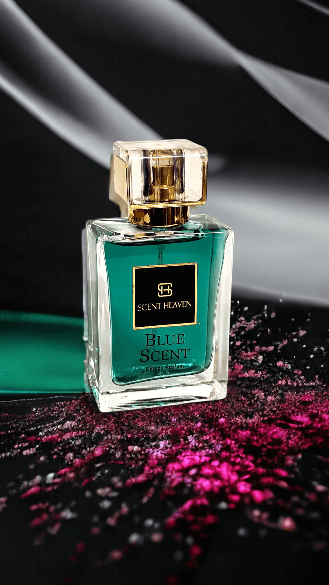 A sleek, modern bottle of 'Discover Our Blue Scent' fragrance, showcasing a confident and sophisticated design, resting on a clean, elegant surface. The scent combines woody notes of cedar and sandalwood with fresh citrus accents, perfect for the modern man