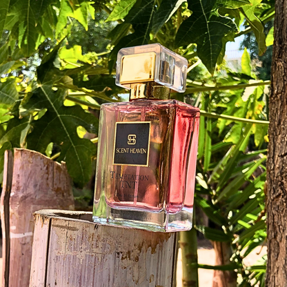 TEMPTATION TNT Eau de Parfum in a sleek 50ml bottle, a vibrant blend of passionfruit, strawberry, and vanilla orchid, designed for confident, modern women.